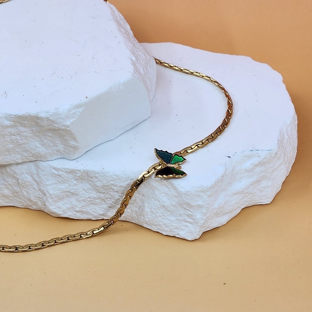 Avon Gold Tone Green Blue Enamel Butterfly Necklace Vintage Cottagecore Jewelry